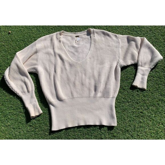 Free People Allure Pullover RIBBED ivory V NECK Sweater sz XS - Picture 2 of 7